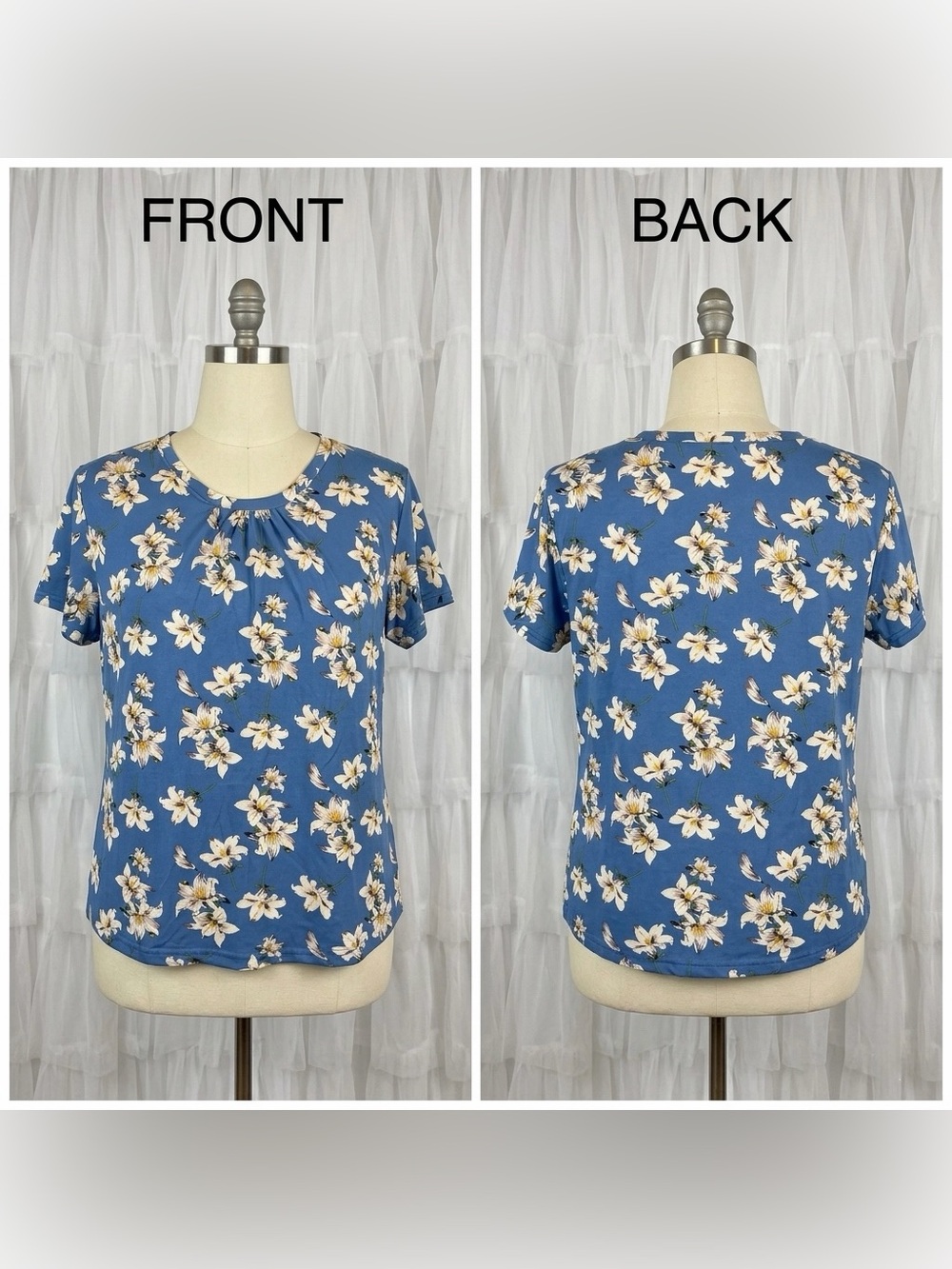 Liz & Lilli Women’s Blue Floral Print Round Neck Short Sleeve Shirt Size XL